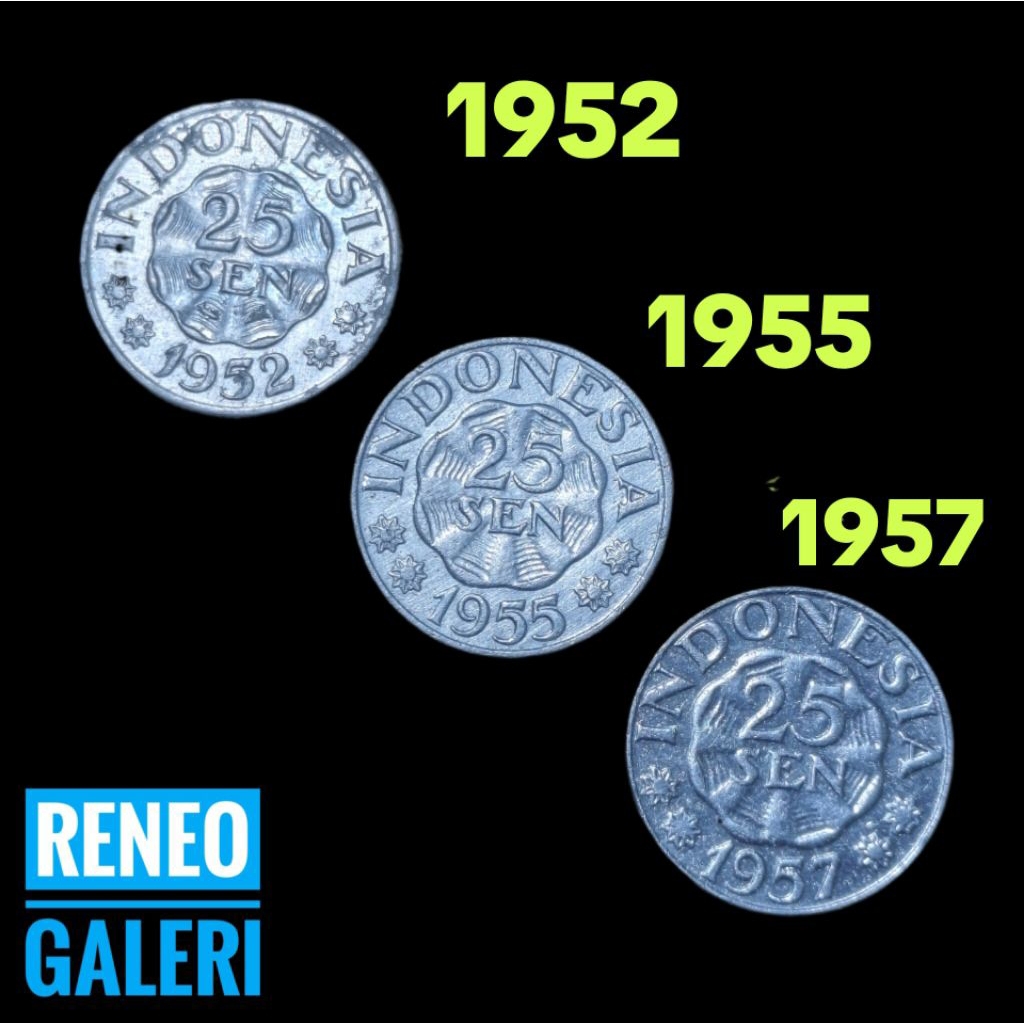 VF Paket tahun lengkap 25 Sen Indonesia Garuda Set Uang koin Kuno 1952 1955 1957 logam asli original