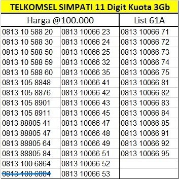Nomor Cantik SIMPATI 11 Digit 100% Baru Bonus Kuota 3Gb 30 Hari Seri 888 / 10066 No 100K Nomer Kartu