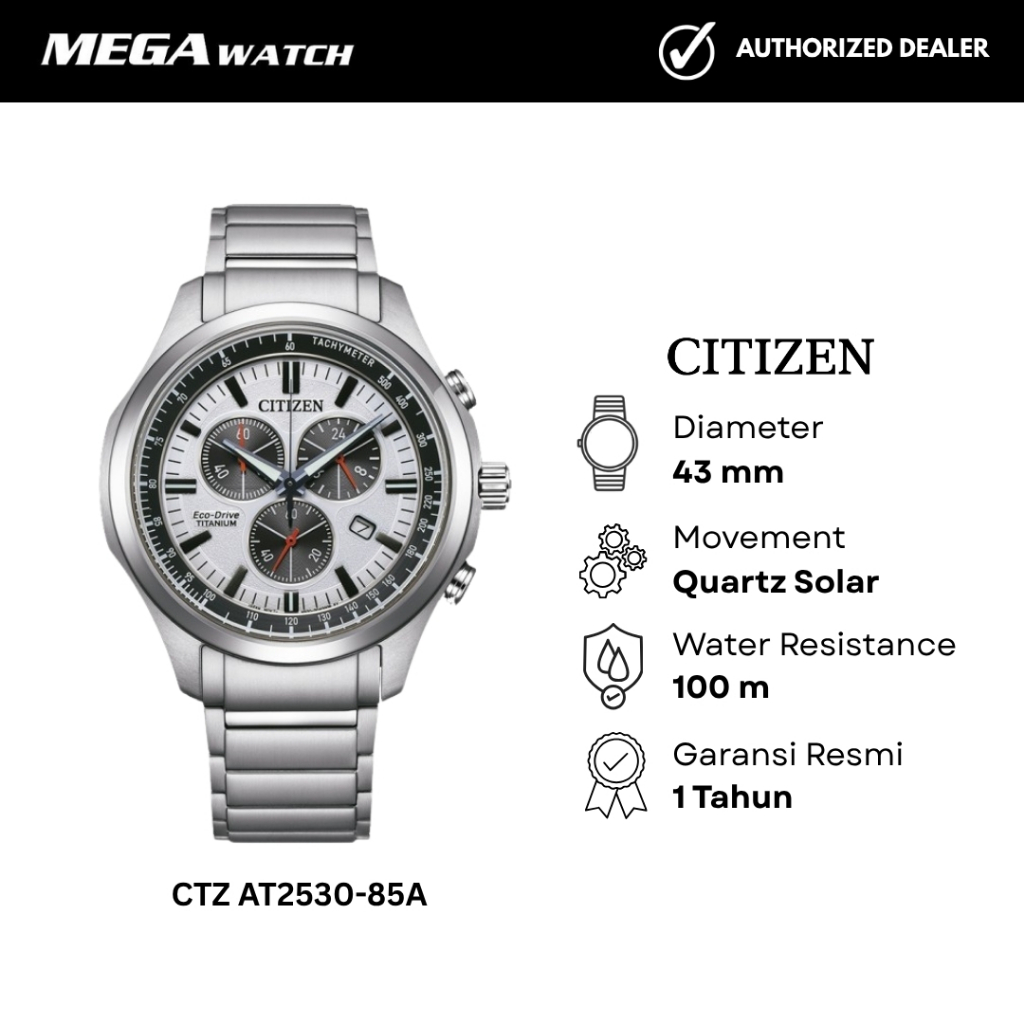 Jam Tangan CITIZEN Eco-Drive Pria CTZ AT2530-85A Chronograph White Dial Titanium Strap