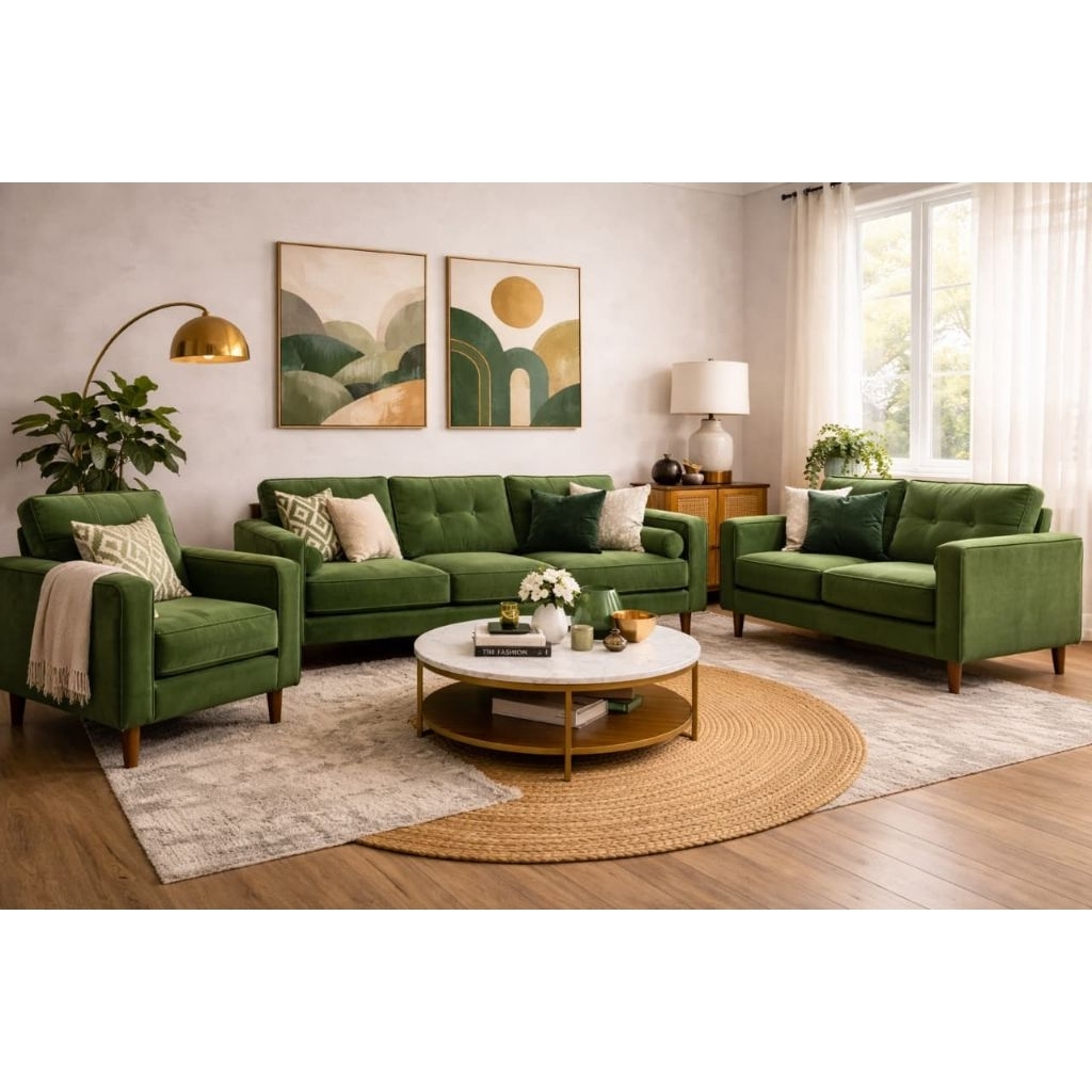 sofa tamu minimalis modern 3+2+1 warna hijau elegant nyaman, mewah dan bikin ruang tamu lebih  aesth