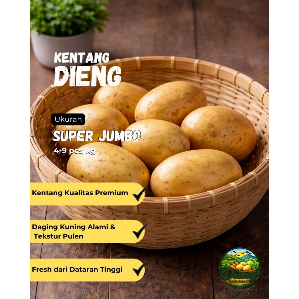 [FRESH] Kentang Dieng Super Besar/ Jumbo 1kg Premium Grade A Asli Petani Wonosobo (4–9 pcs/kg)