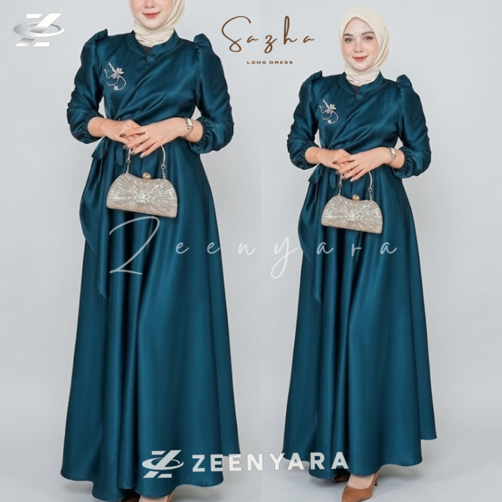 Sazha Dress Kondangan Wanita Baju Gamis Lebaran Pakaian Muslim Gaun Pesta Bridesmaid Busui Friendly 