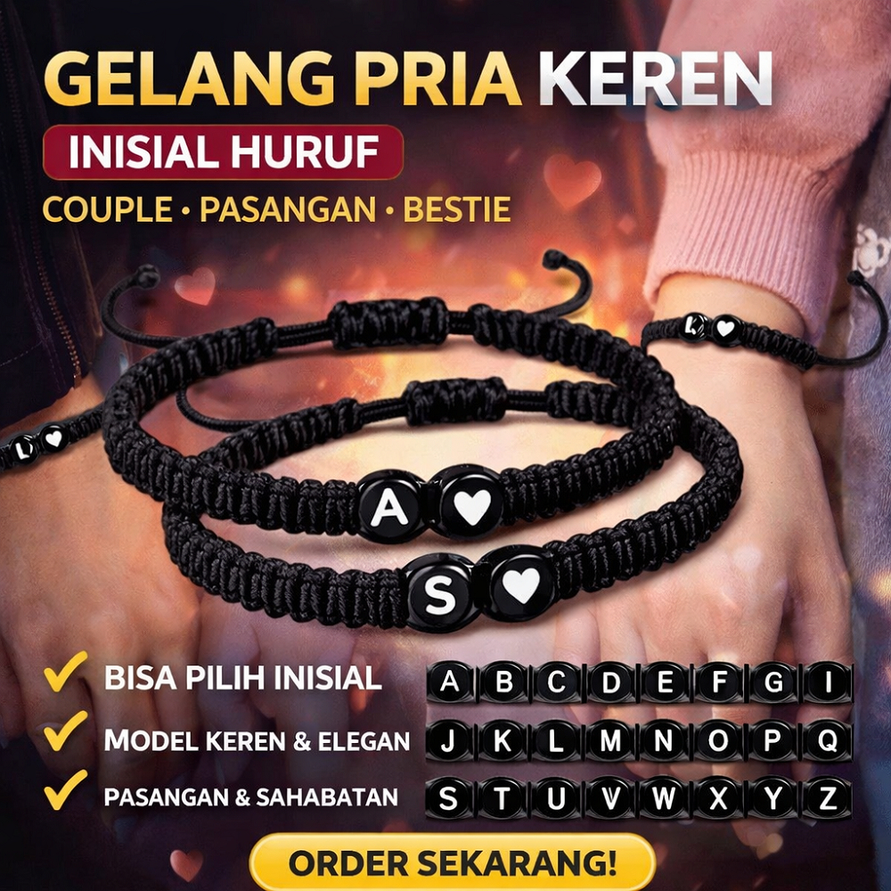 Gelang pria keren hitam inisial huruf | Gelang cowok couple pasangan bestie