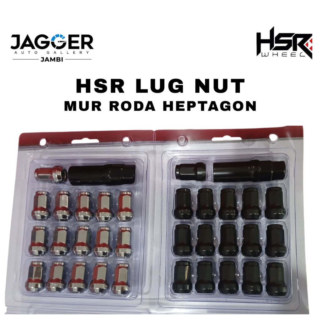 Mur Roda HSR Lug Nut Heptagon M12x1.5 / M12x1.25 1 Set 16 Pcs + Kunci Chrome Hitam