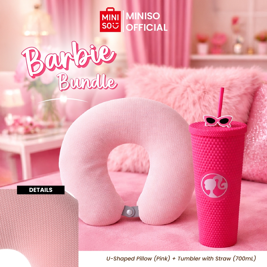 BUNDLE] MINISO X Barbie Collection Studded Tumbler with Straw (700mL) + Bantal Leher Travel U-shape 