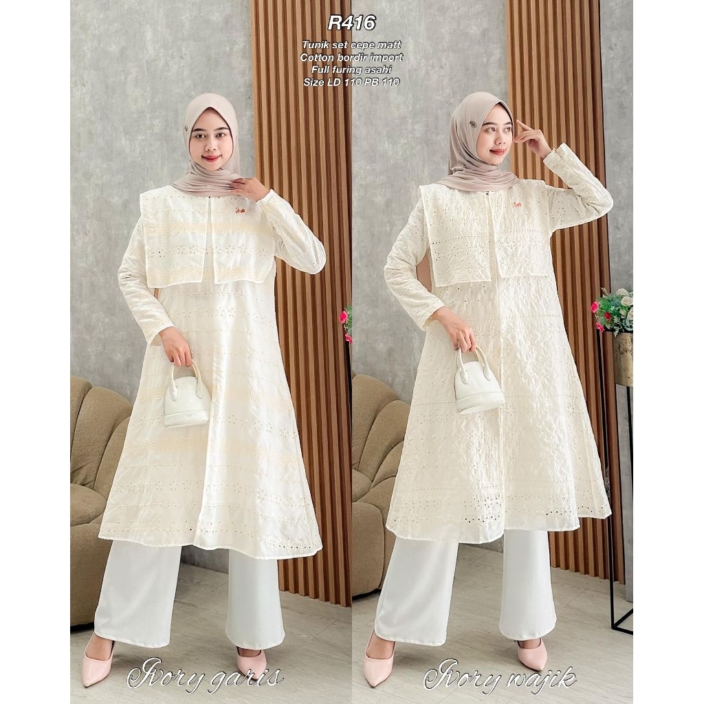 Ribyka R416 Tunik Set Cape Cotton Bordir Import full furing Asahi
