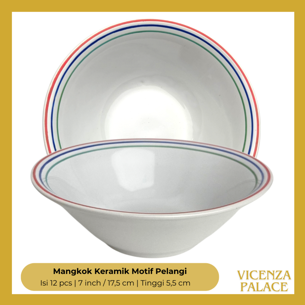 Mangkok Keramik Motif Pelangi Lucky Ukuran 7 Inch / 17.5 cm (1 Lusin)