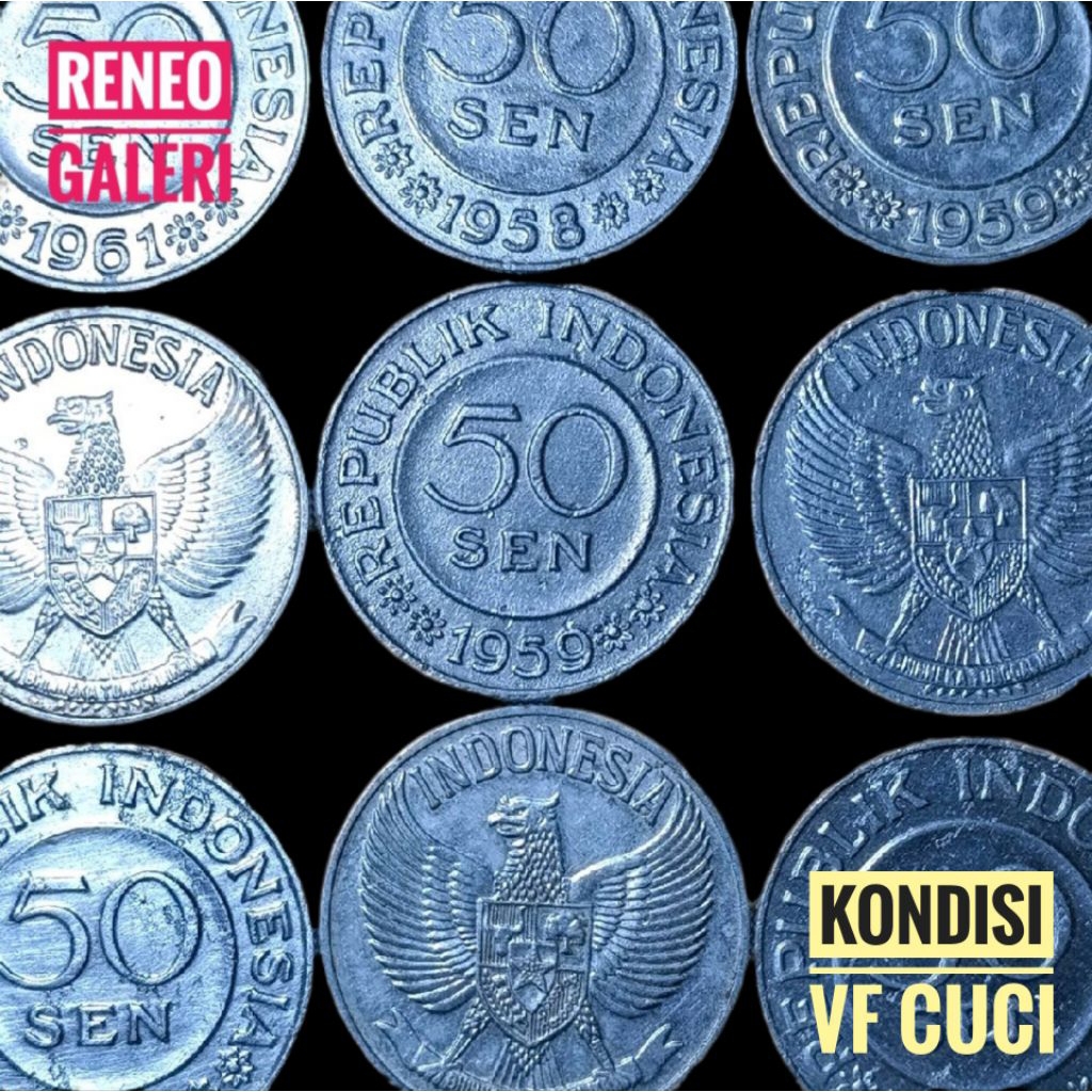 VF cuci Koin 50 Sen Garuda tahun 1958 1959 1961 Uang koin kuno Indonesia logam Aluminium asli origin