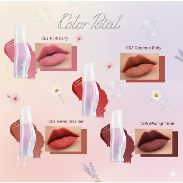 Color PetalLip Matte Lip Glaze Matte Velvet Lip Gloss Tahan Air Tahan Lama Waterproof Tidak Luntur