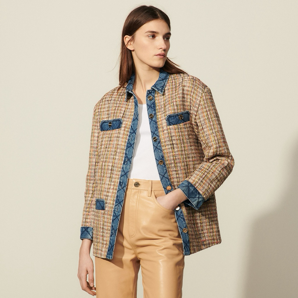 SANDRO Christine Quilted Trim Tweed Jacket NEW
