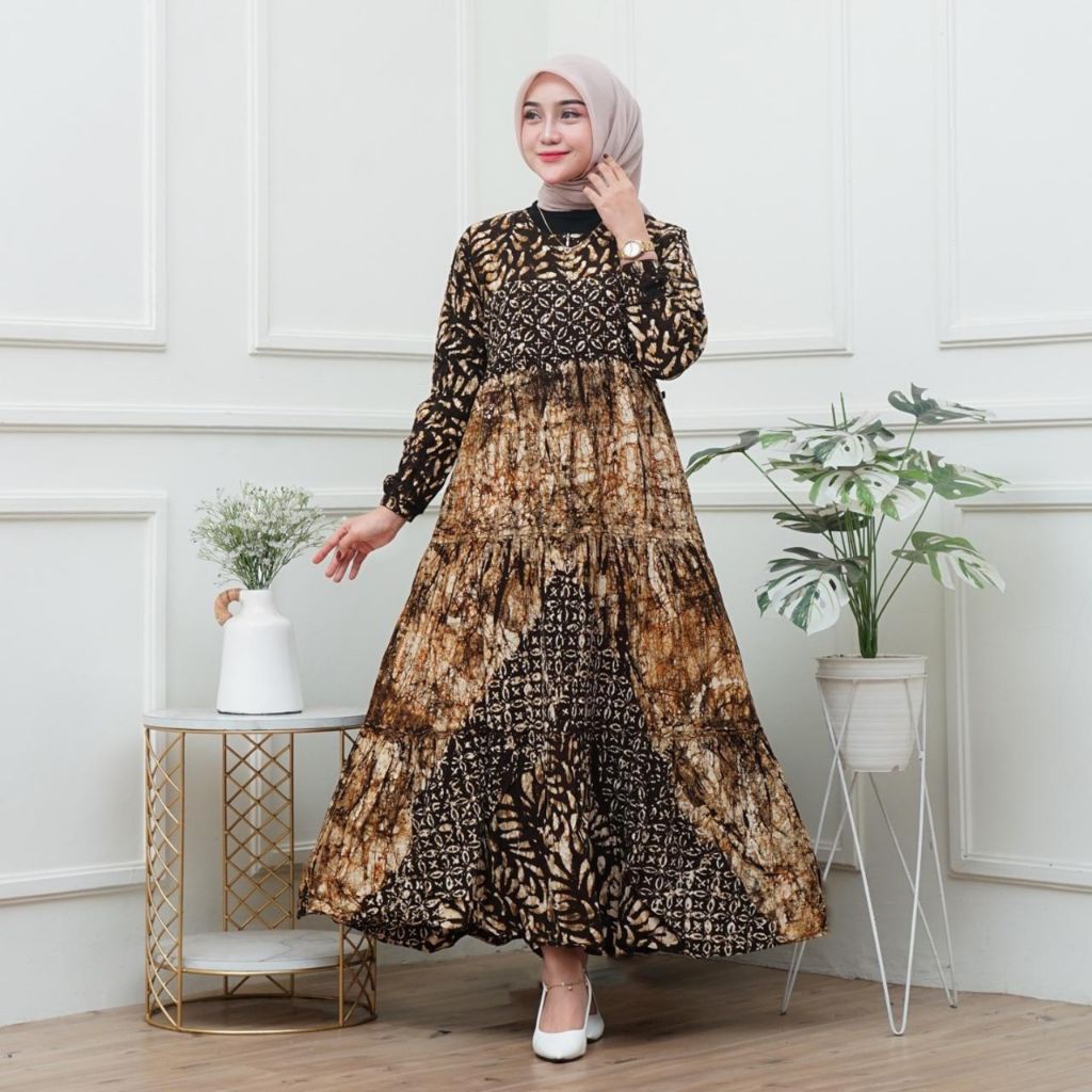 Baju Gamis Wanita Batik Cap Malaman Model Susun Rayon Premium Busui Friendly Ori Pekalongan