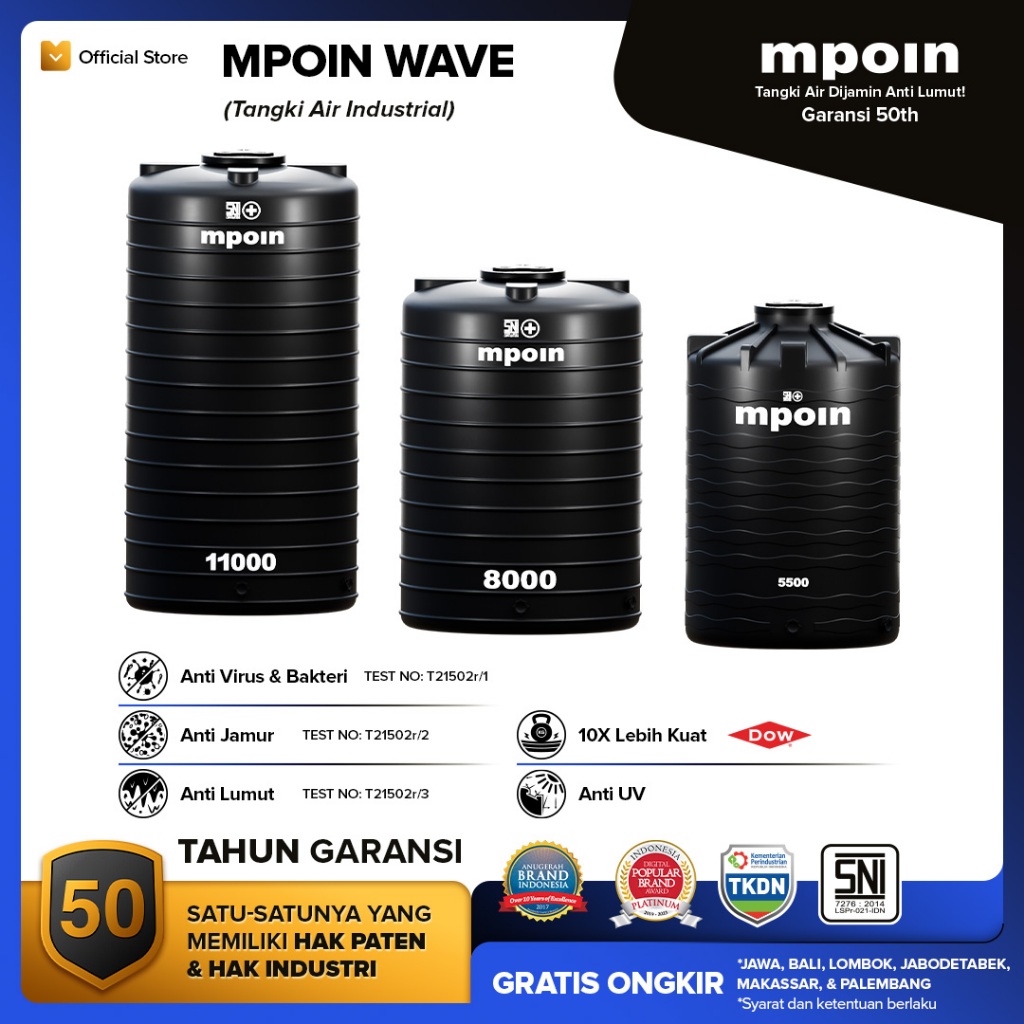 Tangki Tandon Toren Air MPOIN Ukuran Industri 3600 5300 8000 10000 Liter Anti Lumut Garansi 50th