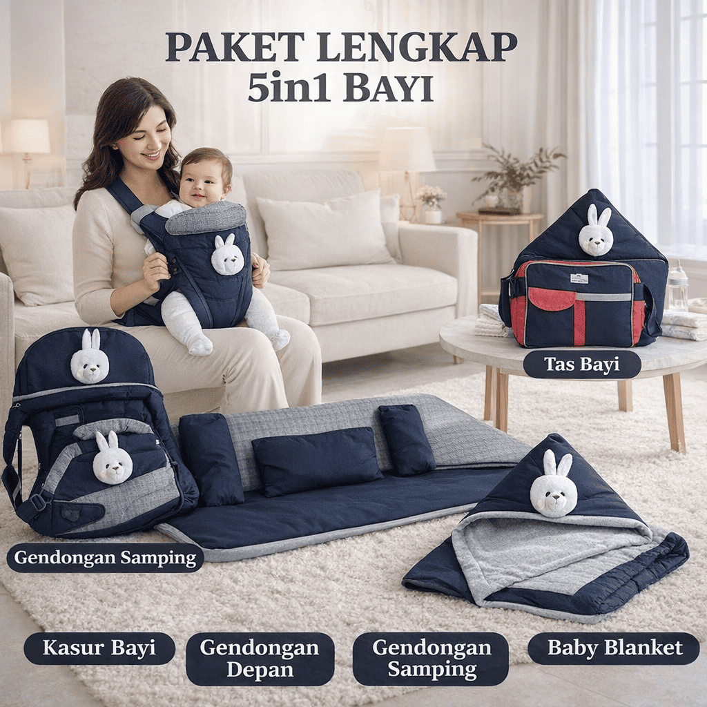 Paket Bayi 5in1 Premium Boneka Sapi – Tas Bayi + Gendongan Depan & Samping + Selimut Tudung + Kasur 