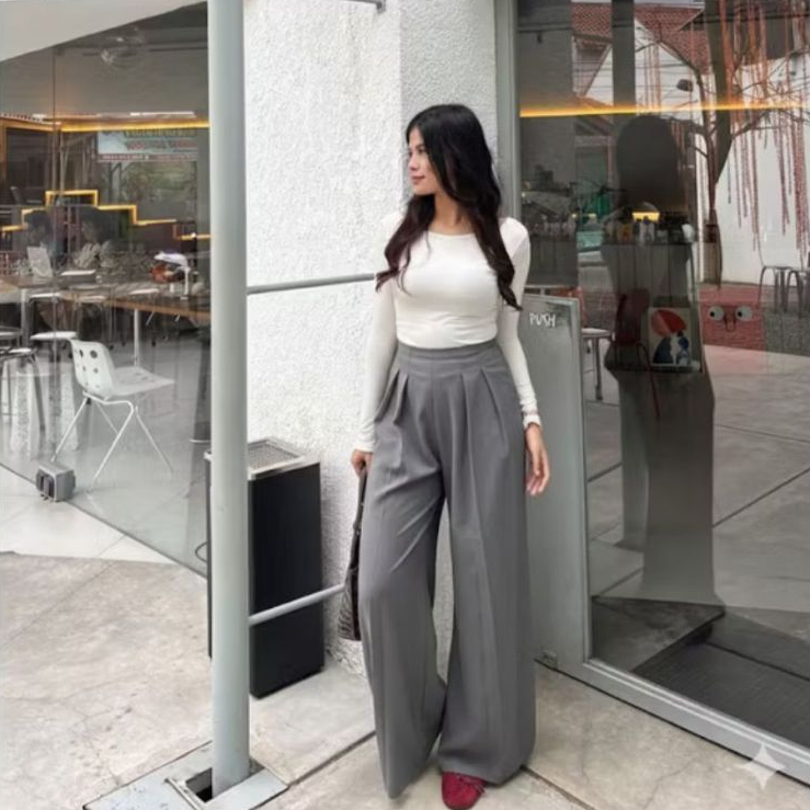 ZKYA FASHION Celana Highwaist Lavie Pants Kulot Palazzo Bahan Semiwoll All Size - Jumbo