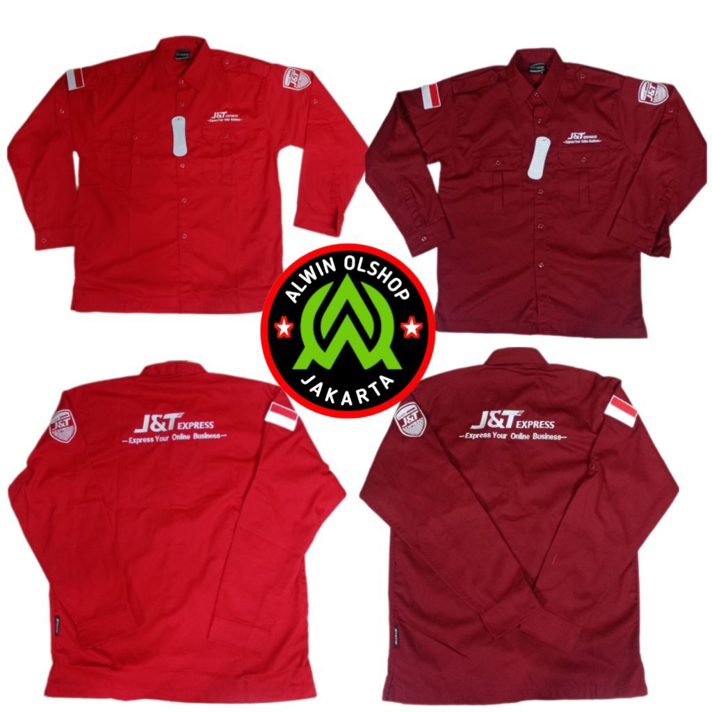 kemeja seragam jnt express lengan panjang warna merah cabe/maroon full bordir