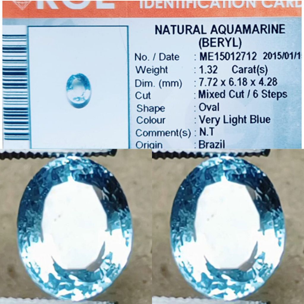 Natural Aquamarine No Treatment 1.32 crt Kristal Top Luster Clean Memo KGL Lab