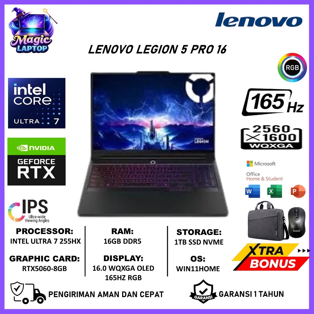 Laptop Lenovo LEGION 5 PRO 16 Intel Ultra 7 225HX 16GB DDR5 1TB RTX5060-8GB Win 11 Home