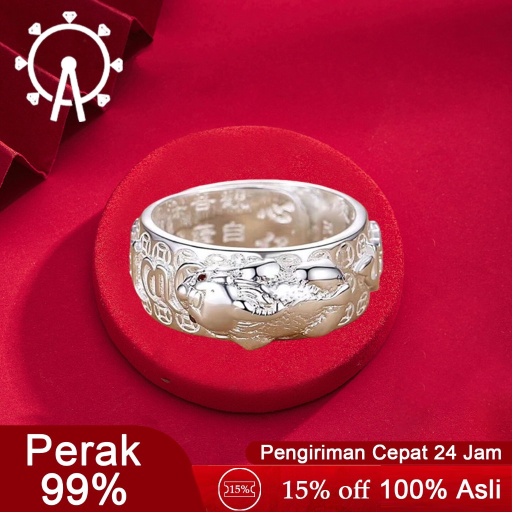 LOVE WHEEL | Cincin Pria Motif Pixiu - Perak Murni 999, Model Terbuka (Bisa Disesuaikan), Desain Kek