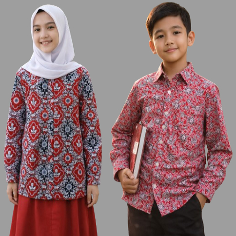 Baju Atasan Kemeja Seragam Batik Nasional Anak Sekolah SD/MI Bunga Rampe Merah