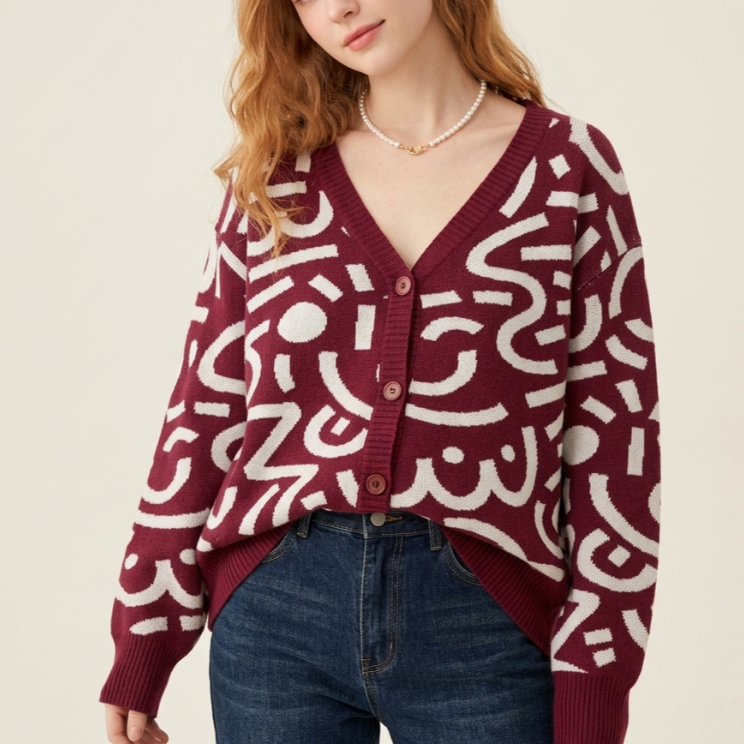 Cardigan Rajut Motif Abstrak Oversize Outer Wanita Lengan Panjang