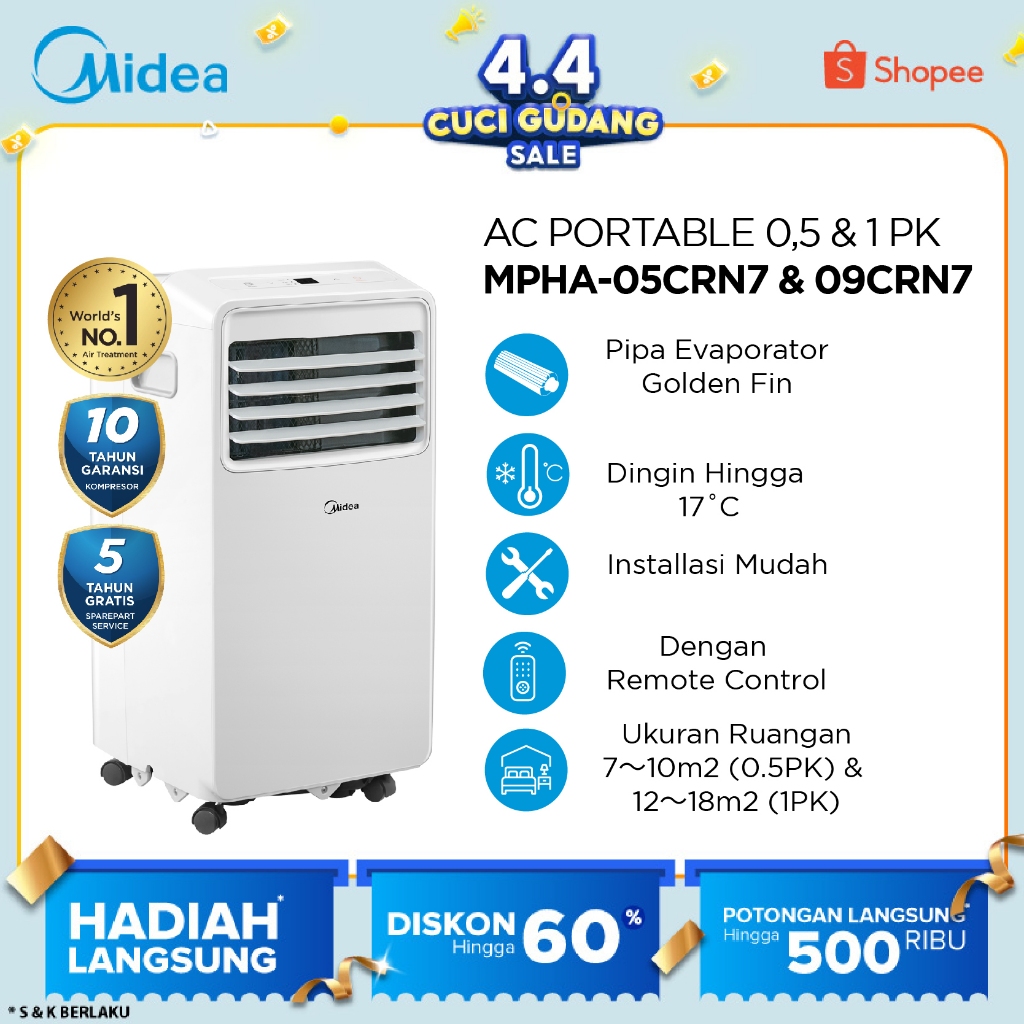 Midea MPHA-05/09CRN7 AC Portable 1 PK / 1,2 PK - Putih dengan Kapasitas Pendinginan 1.465 kW