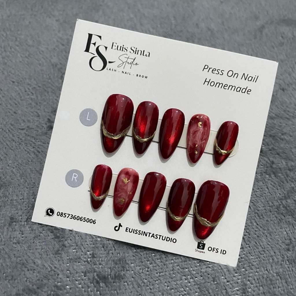 OFS ID - KUKU PALSU PRESS ON NAILS MERAH MAROON CAT EYE MARBLE CHROME