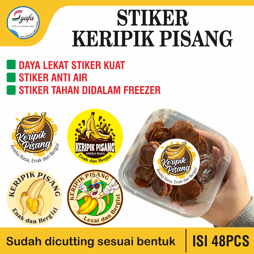 Stiker Keripik Pisang – Label Snack Kemasan Makanan – Lem Kuat Tahan Air & Freezer – Custom