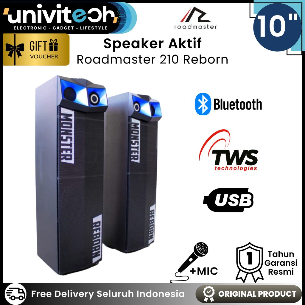 Speaker Aktif Bluetooth Roadmaster 210 Reborn 10inch USB AUX TWS 4 Woofer 3 Ways Super Bass