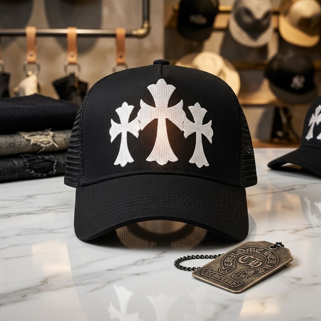 Topi Chrome Hearts Cemetery Trucker - Black White Premium High Quality