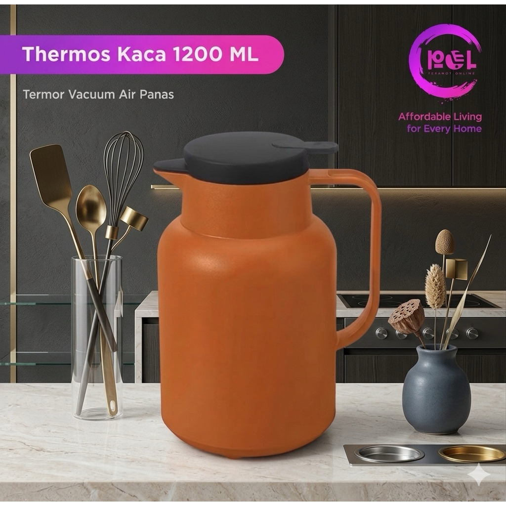 Thermos Kaca 1200ml Estetik - Teko Vacuum Air Panas Tahan Lama Nordic Style