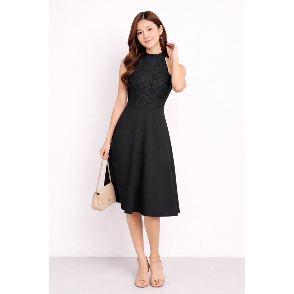 Dress Wanita Hitam Premium Gaun Midi Wanita Black Halter Neck Lace Renda Lacey Pesta Natal Party Gau