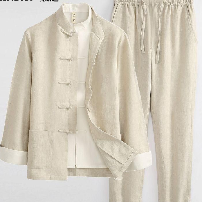 Setelan Tang Linen Murni Pria Lengan Panjang Dua Potong Gaya Cina Jaket Pria Hanfu Cina