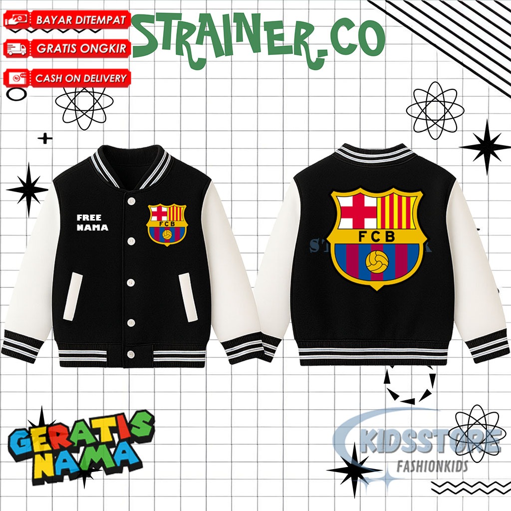 Jaket Varsity Anak Barcelona Fc / Jaket Baseball Anak Unisex Club Barcelona Fc Gratis nama Laki Laki