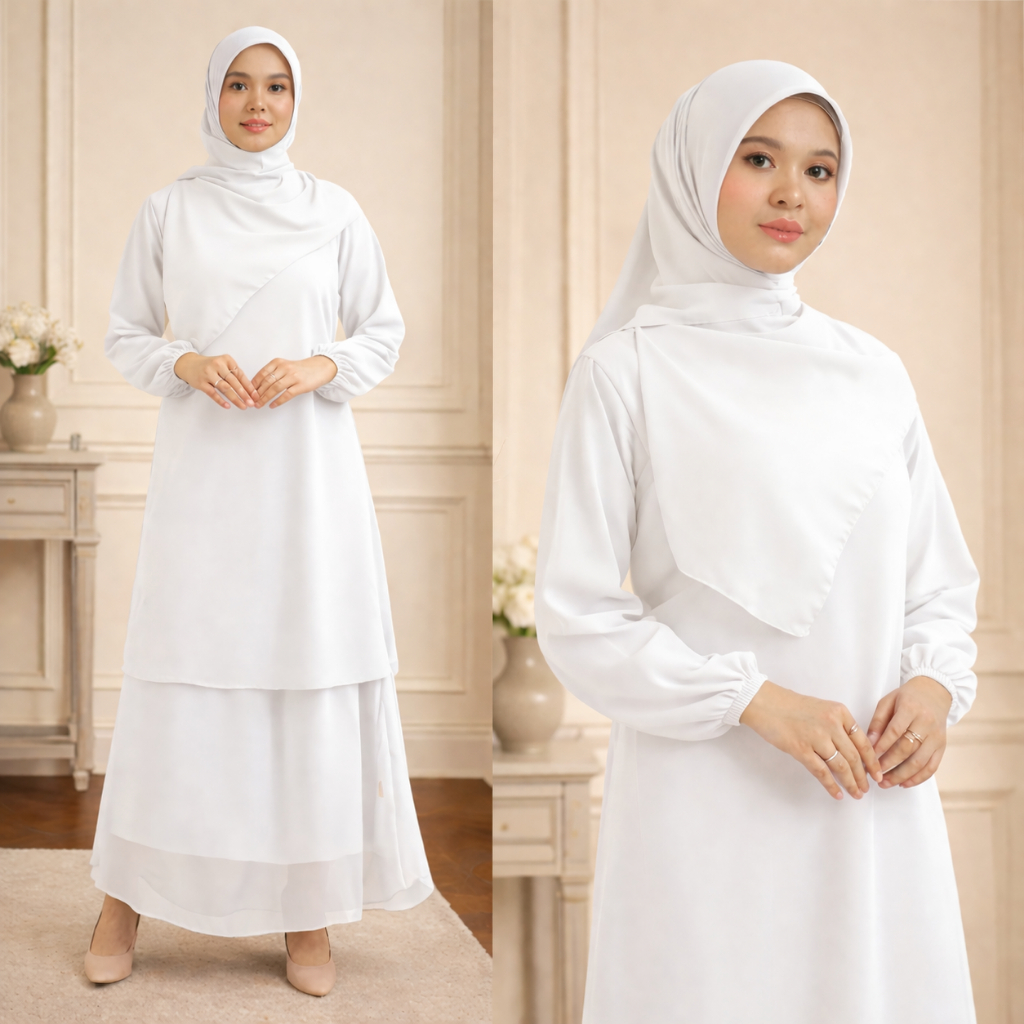 Gamis Malaysia Lebaran | Gamis Anggun Ceruty Babydoll Putih Bersih LD100-130 - Eid Adha