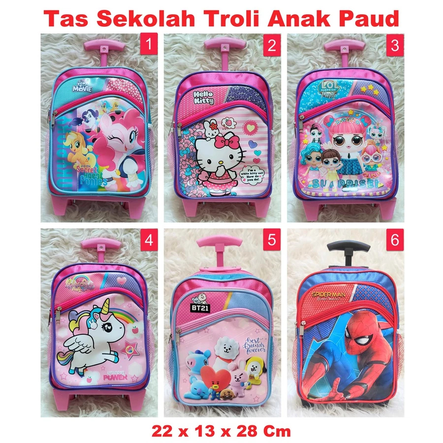 Tas Troli kecil Ransel Anak Sekolah pre k TK PAUD LOL Hello kitty Unicorn little pony BT21 BTS spide