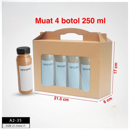 Gable Box Kotak Coklat Jendela Mika Hampers Ukuran 21.5x6x17 Cm Dus Jinjing Muat  250 Ml Isi 4 Botol