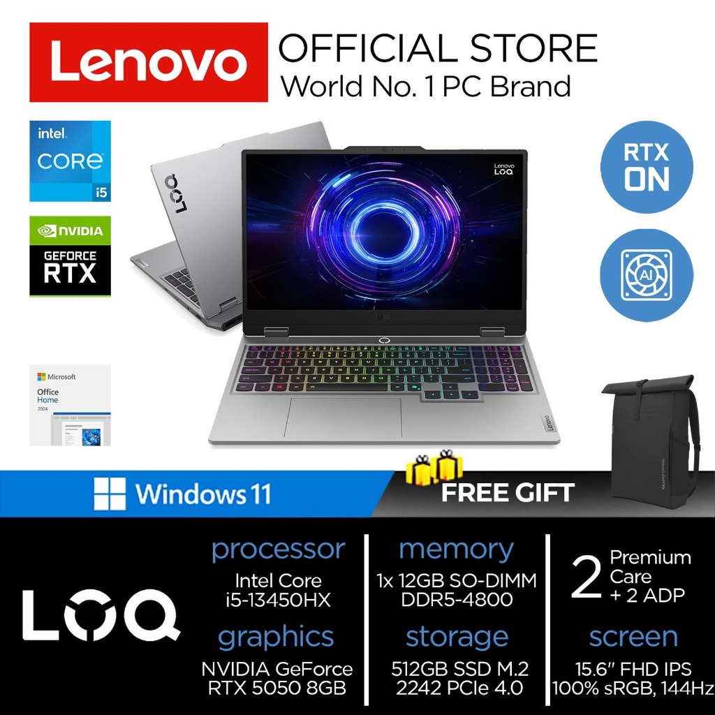 LENOVO LOQ RTX5050 15IRX10 | I5 13450HX RTX5050 12GB 512GB W11+OHS+M365B
