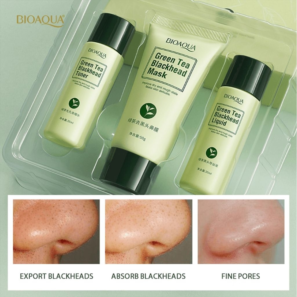 BIOAQUA Greentea Blackhead Combination 3in1 Kit Komedo (Liquid, Masker & Toner) Paket 1 Set Skincare