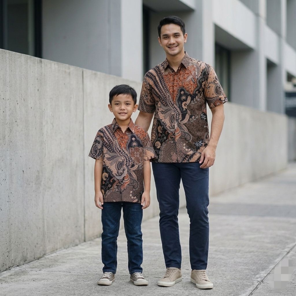 Batik Couple Ayah dan Anak Laki-Laki Lengan Pendek Usia 3-10 Tahun Bahan Katun - Warna Peach - Fatih