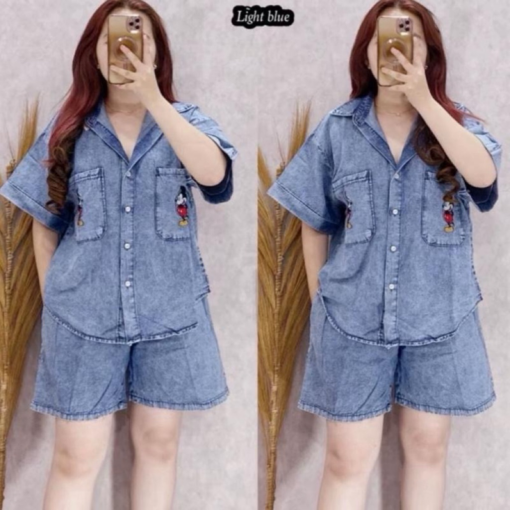 SETELAN HP KEMEJA JEANS BORDIR WANITA - SETELAN CELANA PENDEK WANITA MICKEY - SETELAN SANTAI CEWEK 0