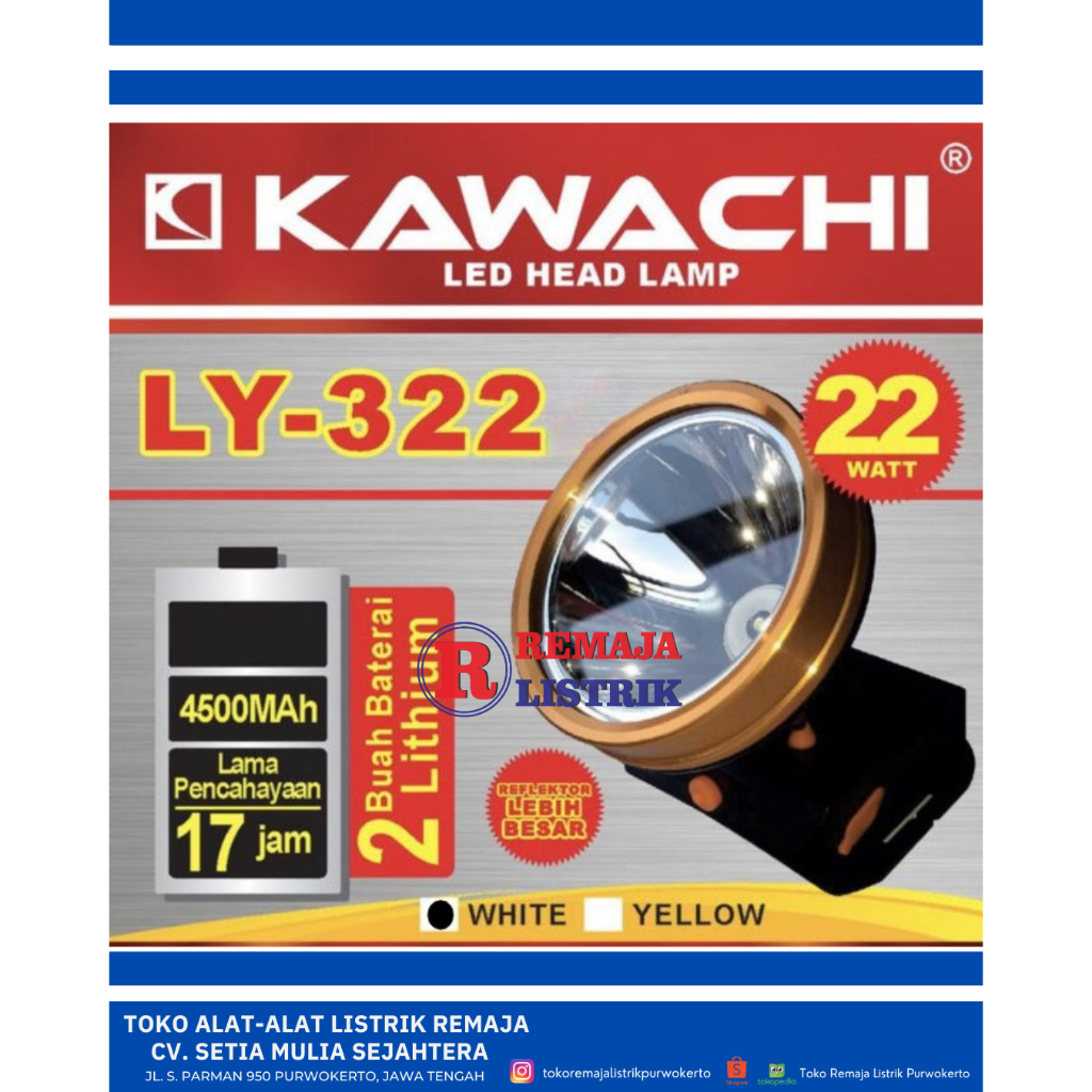SENTER KEPALA KAWACHI 22W CAHAYA PUTIH KUNING ANTI AIR BATERAI LITHIUM 322 KAWACHI