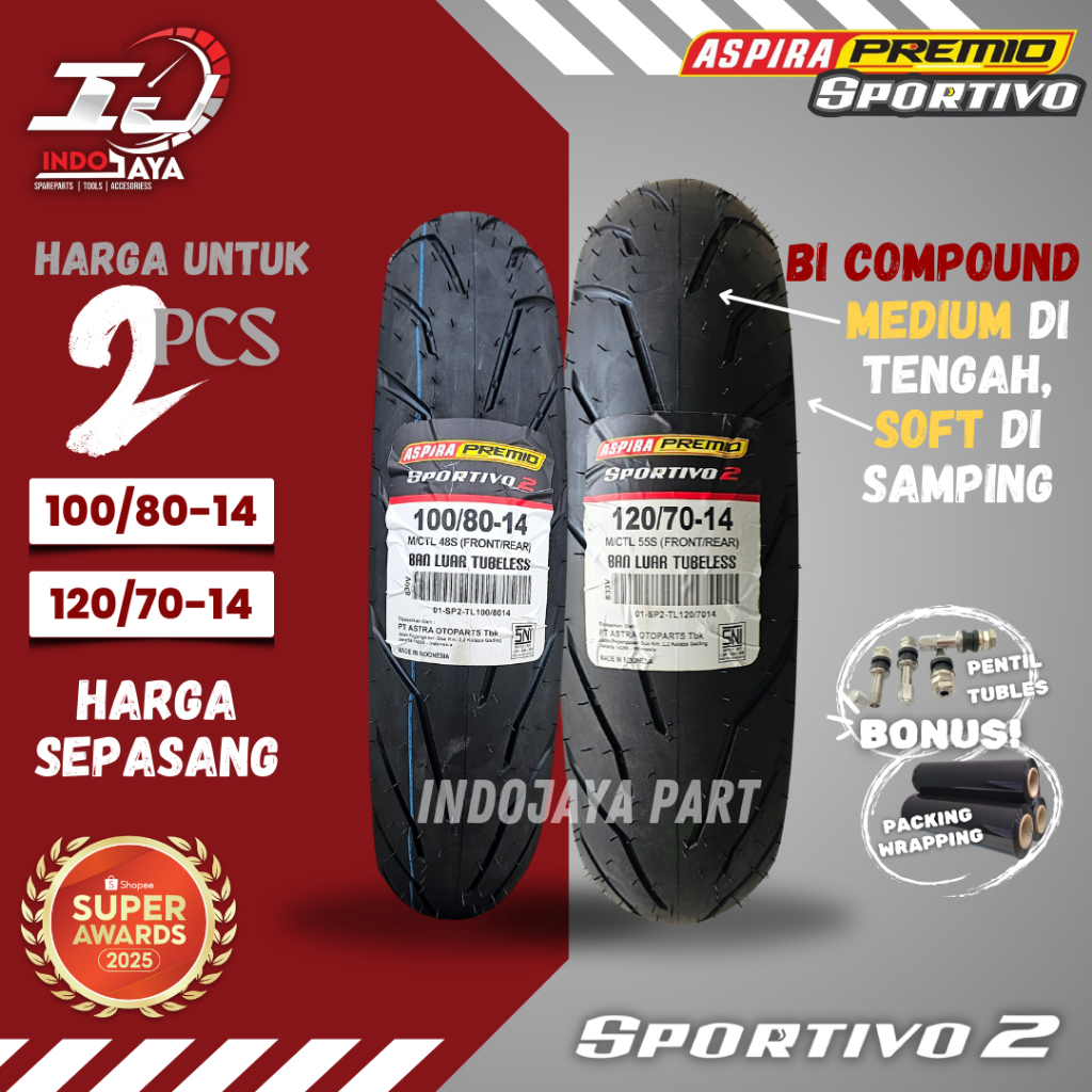 [HARGA MURAH SEPASANG] BAN LUAR ASPIRA PREMIO SPORTIVO 2 (100/80-14 & 120/70-14) BAN LUAR TUBELESS P