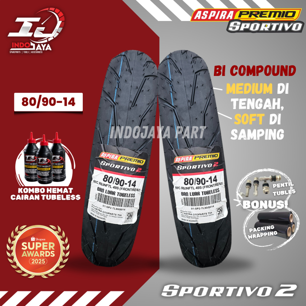 [PRODUK TERBARU] BAN LUAR ASPIRA PREMIO SPORTIVO 2 (80/90-14) BAN LUAR TUBELESS PREMIO / DEPAN BELAK