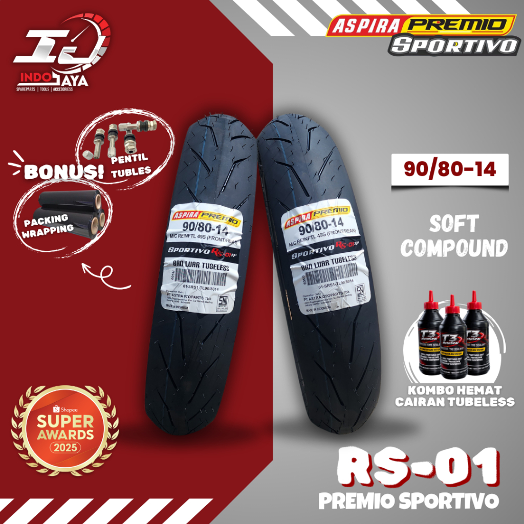 [READY COD] BAN ASPIRA PREMIO SPORTIVO BY PIRELLI RS01 (90/80-14) TUBELESS SOFT COMPOUND RING 14 / B