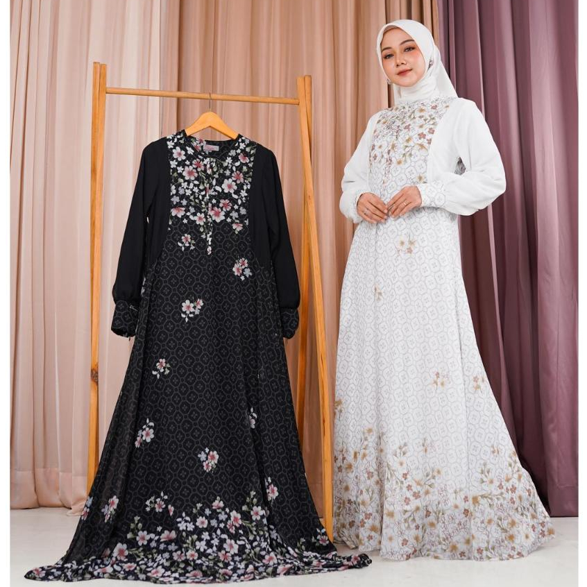 Lumi Dress Gamis Hitam Putih Motif Kode 2560 By Tan'eem Muslim Dress