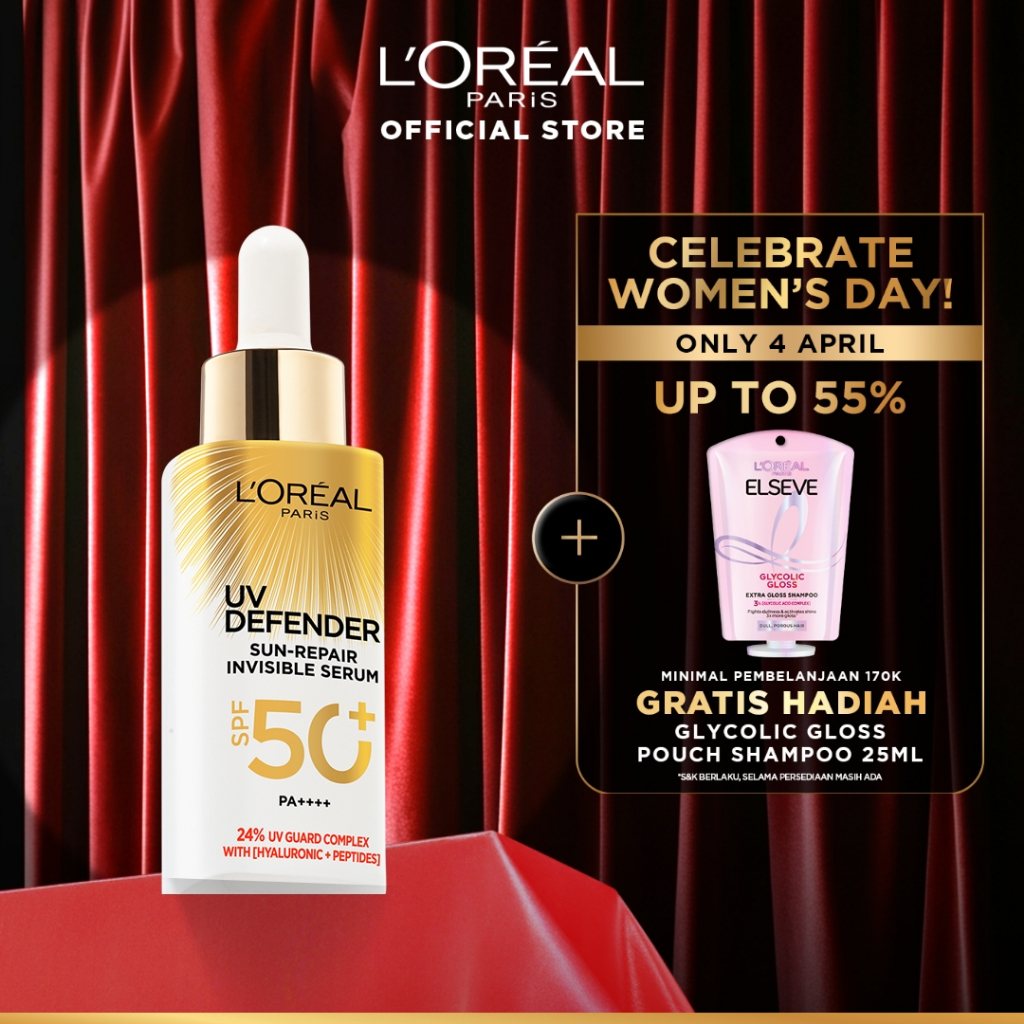 L'Oreal Paris UV Serum Sunscreen SPF 50+ PA++++ - UV Defender Sun-Repair Invisible Serum 2-in-1 Skin