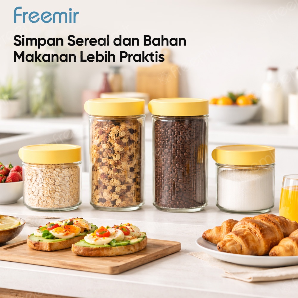 [Ori 100%] freemir Set Toples Storage Serbaguna Bahan Sarapan Bumbu Dapur Bahan Kaca Kedap Udara
