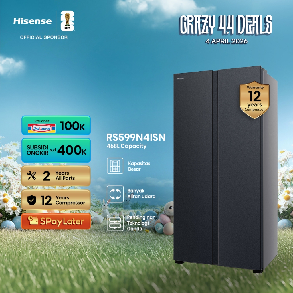 Hisense Kulkas RS599N4ISN Refrigerator Side By Side Kapasitas 468L Warna Abu-abu  Inverter Pro Tanpa