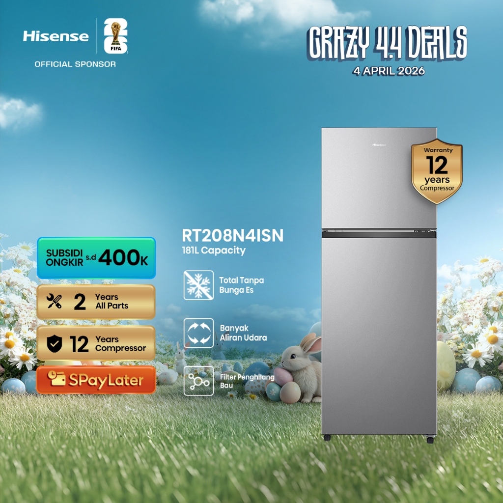 Hisense Kulkas RT208N4ISN Refrigerator 2 Pintu Kapasitas 181L Warna Silver Tanpa Bunga Es Sirkulasi 