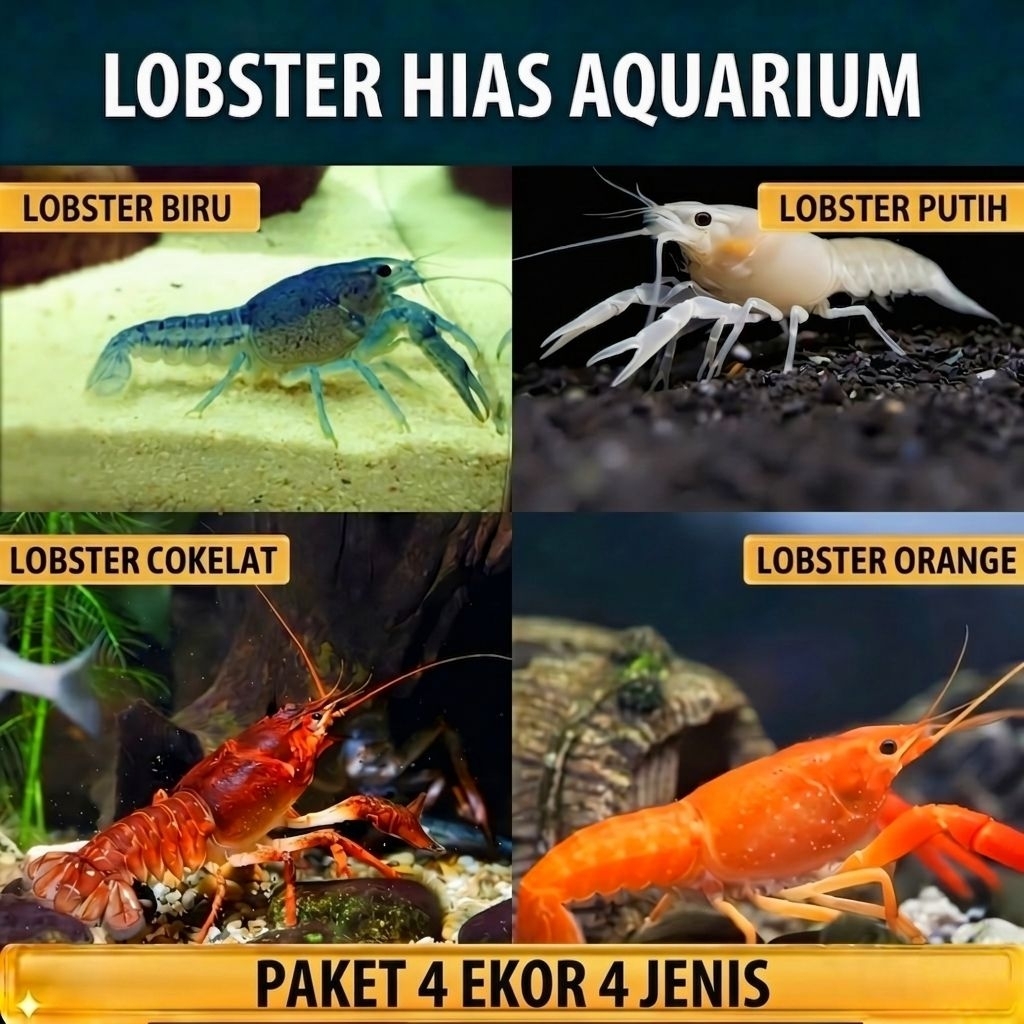 Lobster hias aquarium Paket 4 ekor 4 jenis  lobster hias air tawar  size 4/6 cm hiasan aquarium aqua